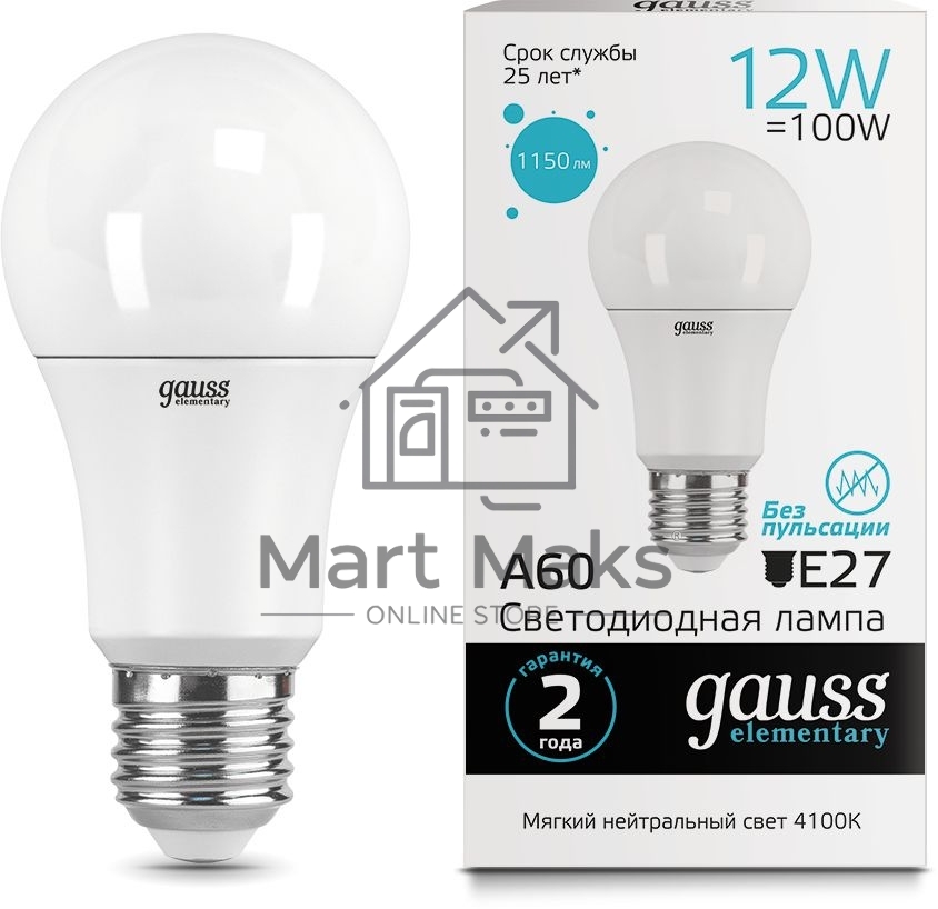 Светодиодная лампа GAUSS 23222 LED Elementary A60 12W E27 1150lm 4100K 1/10/50 0