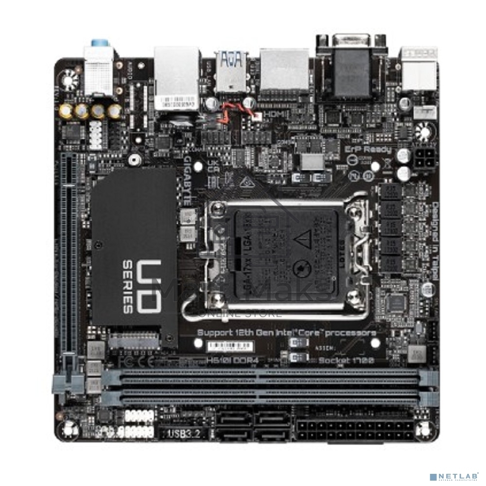 Материнская плата Gigabyte H610I DDR4, LGA 1700, Intel H610, 2xDDR4, 4xSATA, 1xM.2, 1xPCIe 4.0 x16, 1xHDMI, 1xVGA, 2xDP, 1x 1Gb LAN, 2xUSB-A 3.2 Gen 1, 4xUSB-A 2.0, 3x 3.5 мм, 7.1, Mini-ITX
