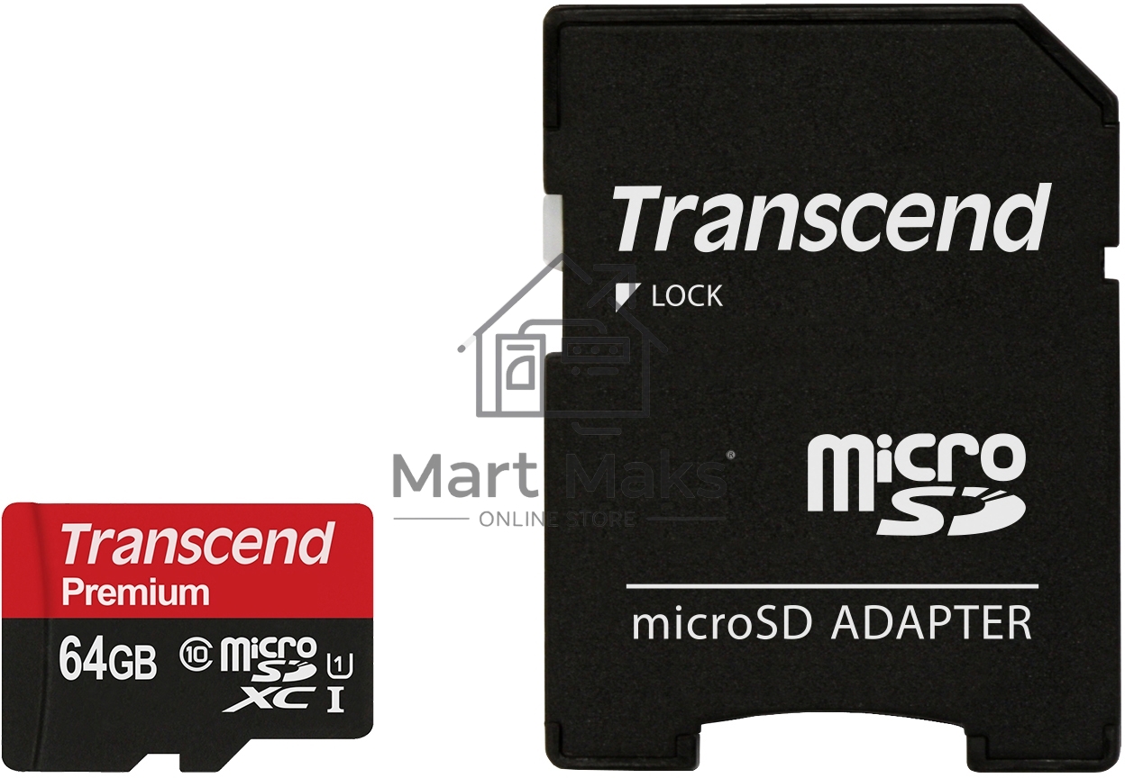 Флеш карта microSDXC 64Gb Class10 Transcend TS64GUSDU1 + adapter