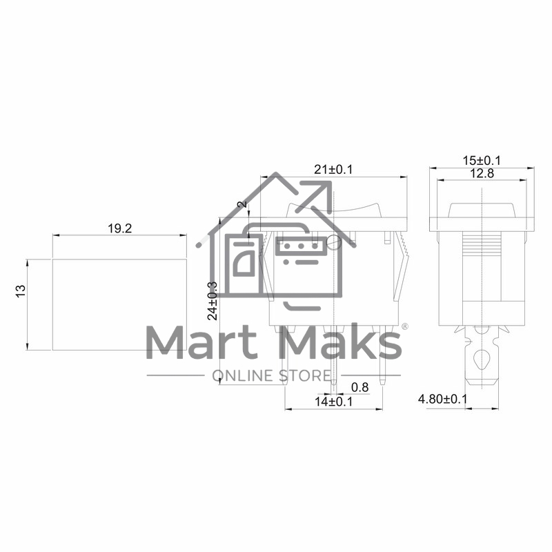 Выключатель клавишный 250V 6А (3с) ON-OFF-ON черный с нейтралью Mini Rexant