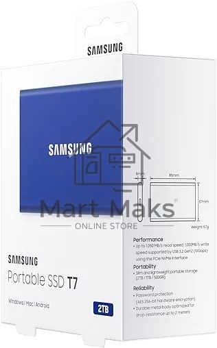 Твердотельный накопитель Samsung SSD 2TB T7, USB Type-C, R/W 1000/1050MB/s, Blue