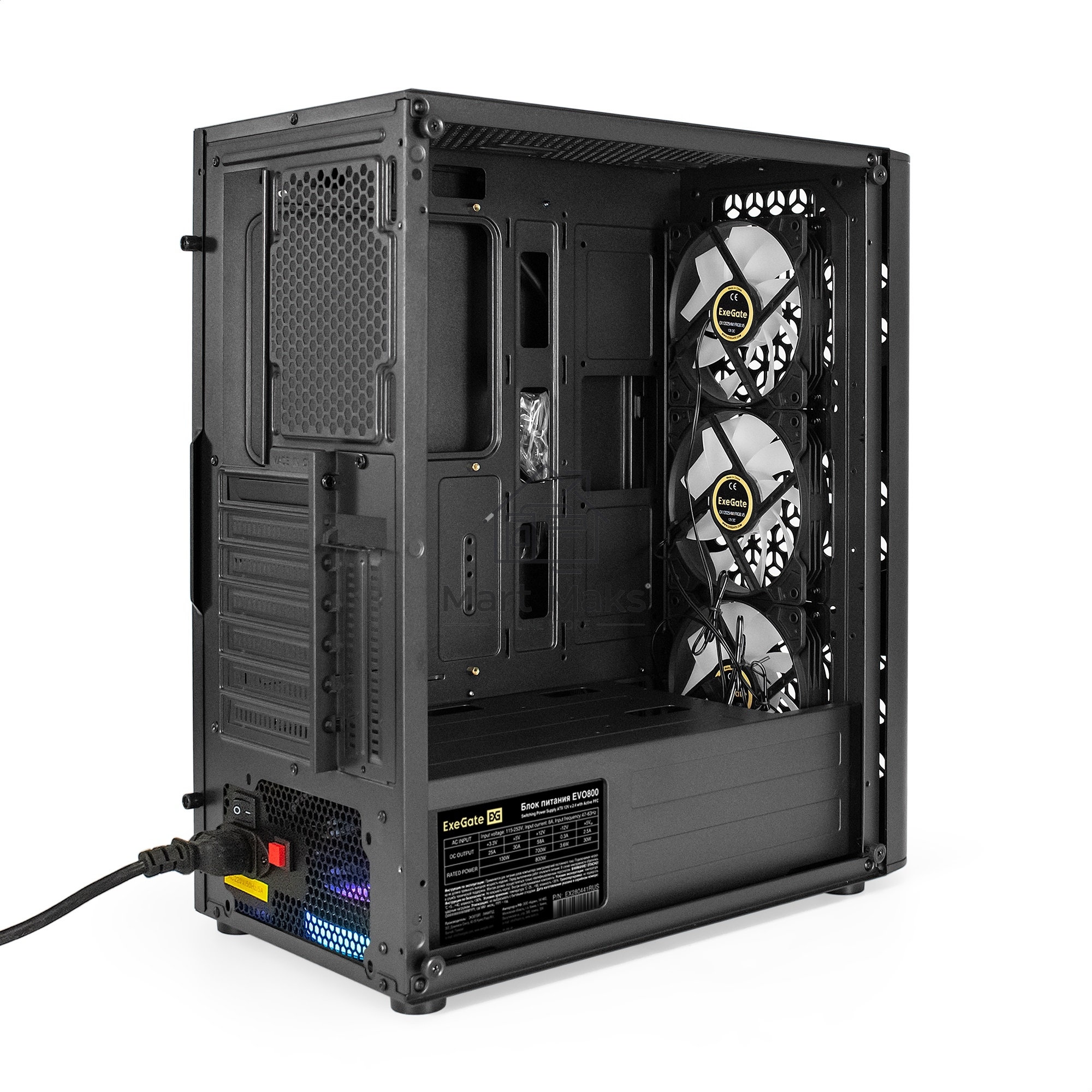 Компьютерный корпус Miditower ExeGate EVO-9202-EVO800 (ATX, БП EVO800RGB с вент. 12 см, с окном, 1*USB+1*USB3.0, аудио, черный, 3 вент. 12см с RGB подсветкой)
