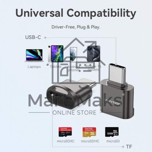 Картридер Vention OTG USB 2.0 CM / MicroSD - Серый