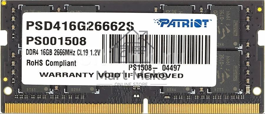 Оперативная память Patriot Signature, DDR4, 16GB (1x16 GB), 2666 MHz, CL19, SO-DIMM