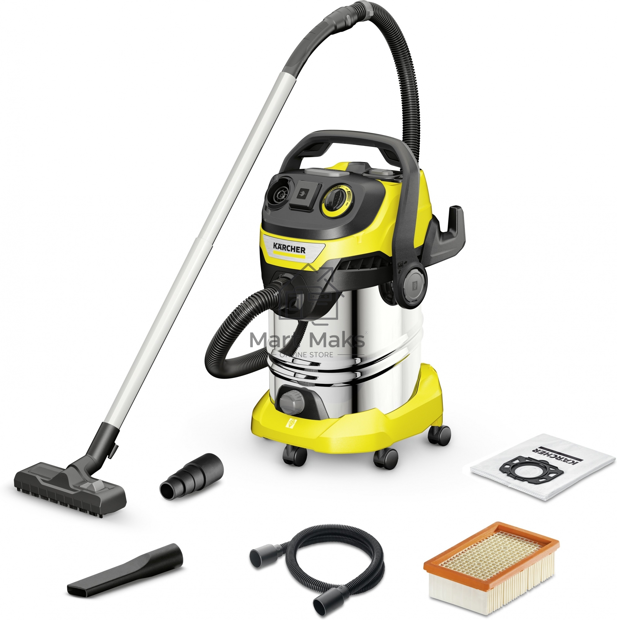 Строительный пылесос Karcher WD 6 P S V-30/6/22/T желтый, 1300 Вт, уборка сухая/сбор воды, пылесборник мешок/контейнер, 30 л