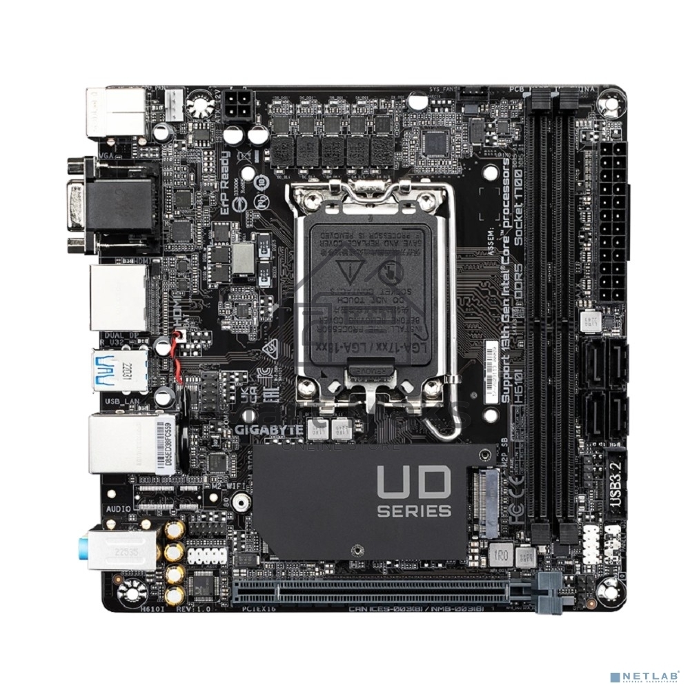 Материнская плата Gigabyte H610I, LGA 1700, Intel H610, 2xDDR5, 4xSATA, 1xM.2, 1xPCIe 4.0 x16, 1xHDMI, 1xVGA, 2xDP, 1x 1Gb LAN, 2xUSB-A 3.2 Gen 1, 4xUSB-A 2.0, 3x 3.5 мм, 7.1, Mini-ITX