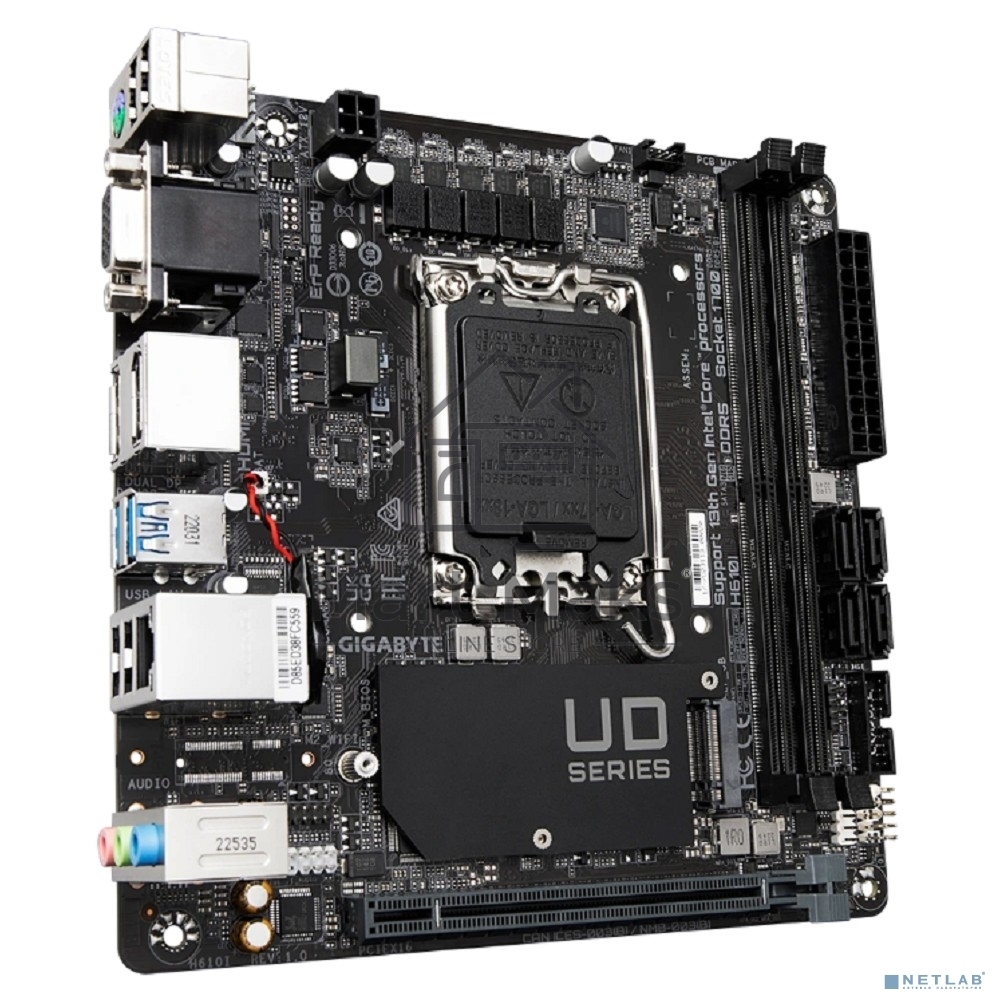 Материнская плата Gigabyte H610I, LGA 1700, Intel H610, 2xDDR5, 4xSATA, 1xM.2, 1xPCIe 4.0 x16, 1xHDMI, 1xVGA, 2xDP, 1x 1Gb LAN, 2xUSB-A 3.2 Gen 1, 4xUSB-A 2.0, 3x 3.5 мм, 7.1, Mini-ITX
