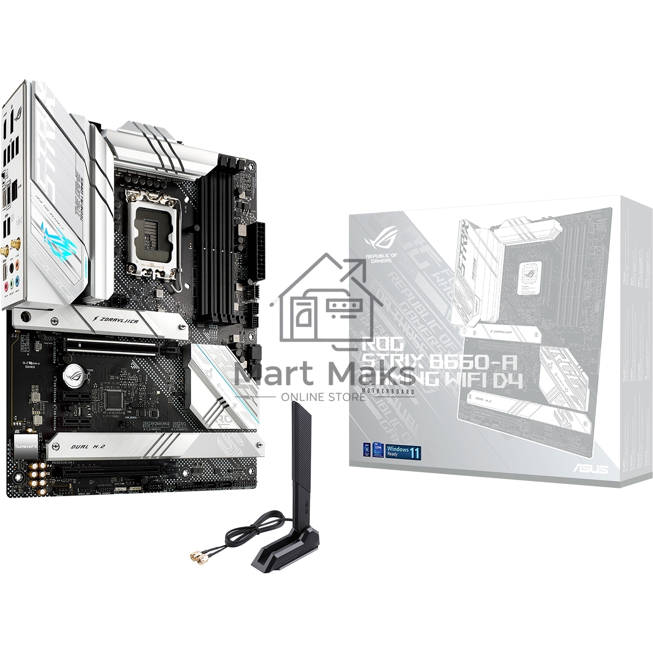 Материнская плата ASUS ROG STRIX B660-A GAMING WIFI D4, LGA 1700, Intel B660, 4xDDR4, 4xSATA, 3xM.2, 1xPCIe 5.0 x16, 1xPCIe 3.0 x4, 2xPCIe x1, 1xHDMI, 1xDP, 1x 2.5Gb LAN, 4xUSB 2.0, 2xUSB 3.2 Gen 1, 1xUSB-A 3.2 Gen 2, 1xUSB-C 3.2 Gen 1, 1xUSB-C 3.2 Gen 2x