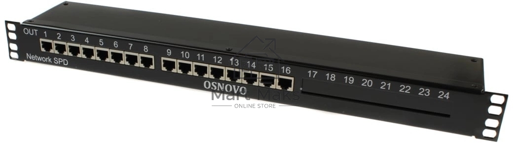 Грозозащита OSNOVO 1U устройство грозозащиты для ЛВС на 16 портов (скорость до 1000 Мб/с) с защитой линий PoE (af/at, методы A + B, контакты 1/2, 3/6, 4/5, 7/8)