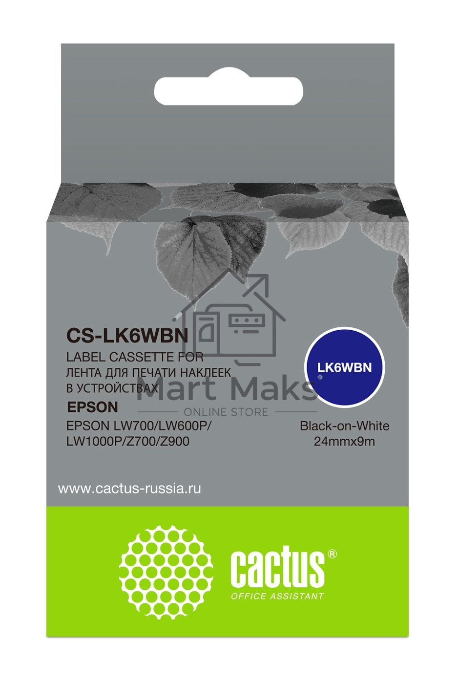 Картридж ленточный Cactus CS-LK6WBN черный, 24мм, 9м для Epson LW700/LW600P/LW1000P/Z700/Z900