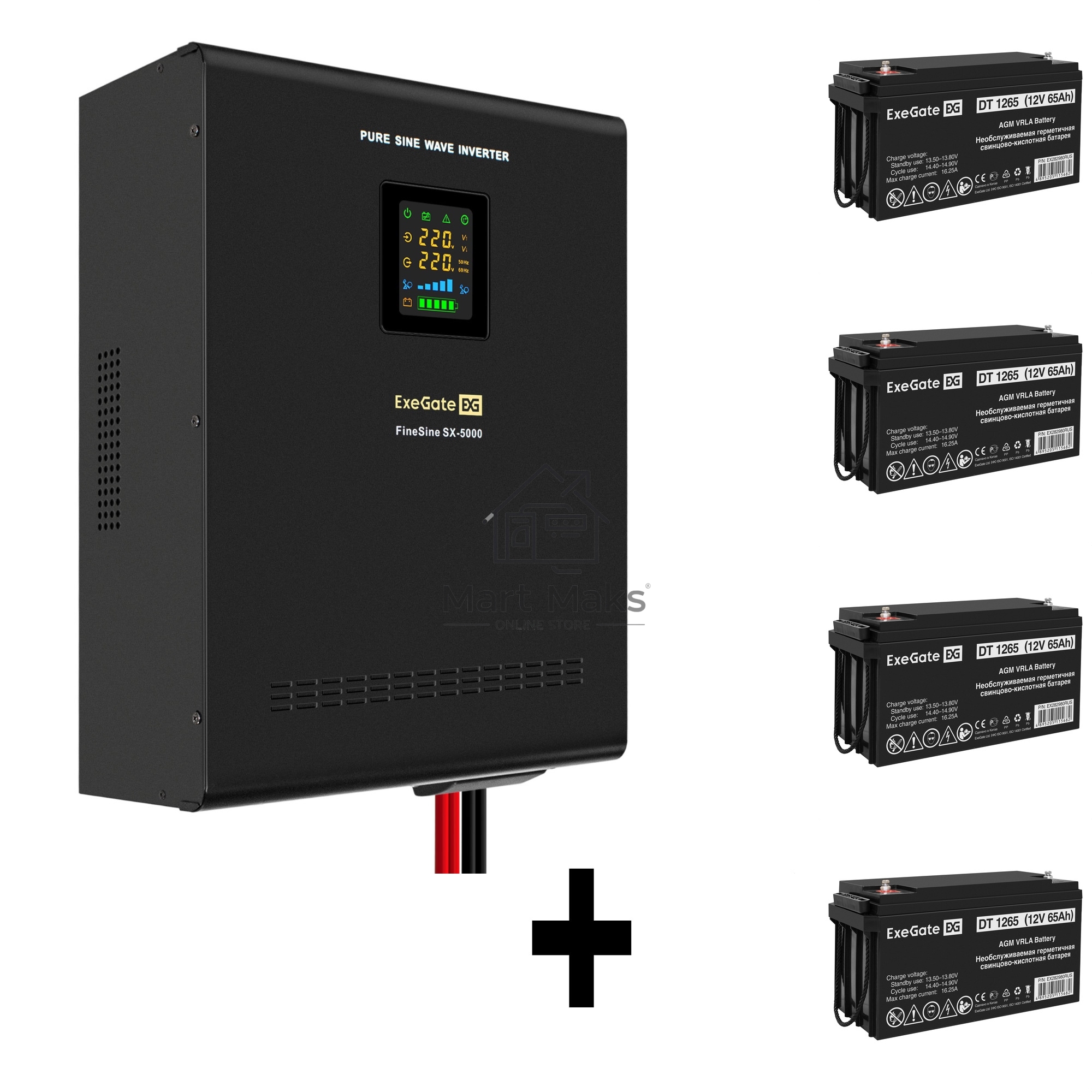 Комплект ИБП EX296004RUS + батарея 65Aч EX282980RUS 4шт (инвертор, синус, для котла, настенный) ExeGate FineSine SX-5000.LCD.AVR.2SH.T <5000VA/3500W, чистая синусоида, цветной LCD-дисплей, AVR, 2*Schuko+клеммы, линейно-интерактивный, крепление настенное, 