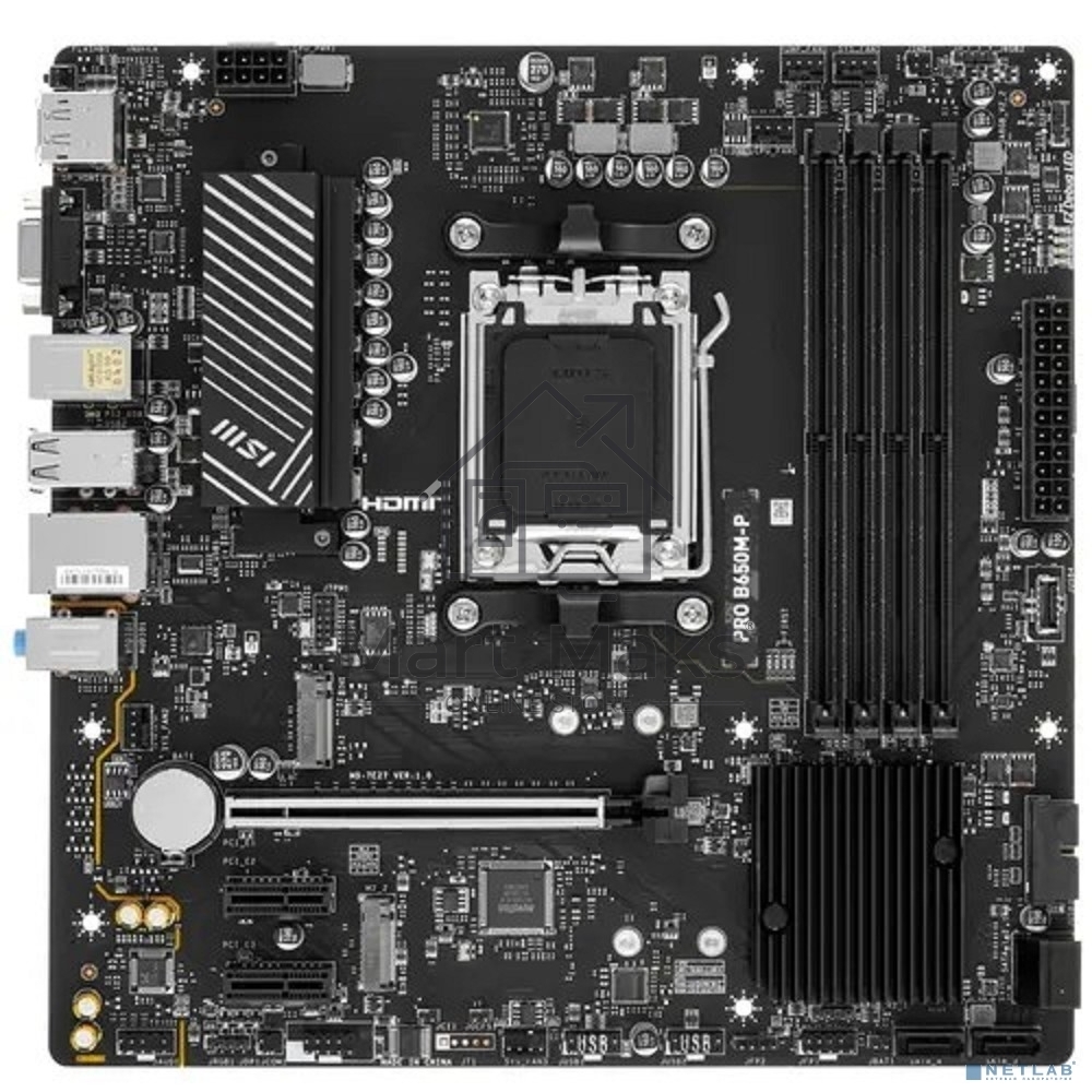 Материнская плата MSI PRO B650M-P, AM5, AMD B650, 4xDDR5, 4xSATA, 2xM.2, 1xPCI-E 4.0 x16, 2xPCI-E 4.0 x1, 1xHDMI, 1xDP, 1xVGA, 1x2.5Gb LAN, 2xUSB 3.2 Gen 1, 2xUSB 3.2 Gen 2, 3x3.5 мм, 7.1, Micro-ATX