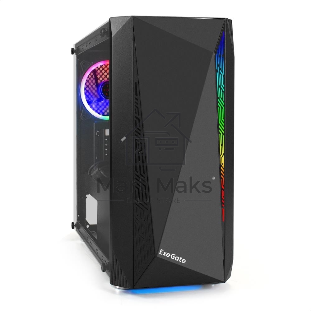 Компьютерный корпус Minitower Exegate EX294384RUS Mistery R2 (mATX, без БП, 2*USB+1*USB3.0, аудио, черный, 1 вент. 12см с RGB подсветкой и полоса на передней панели, боковая панель - закаленное стекло)