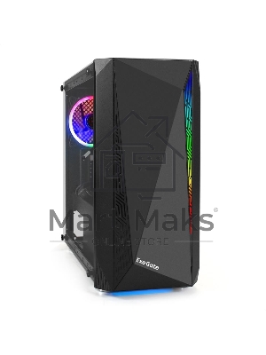 Компьютерный корпус Minitower ExeGate EX294384RUS Mistery R2 (mATX, без БП, 2*USB+1*USB 3.0, аудио, черный, 1 вент. 12см с RGb подсветкой и полоса на передней панели, боковая панель - закаленное стекло)