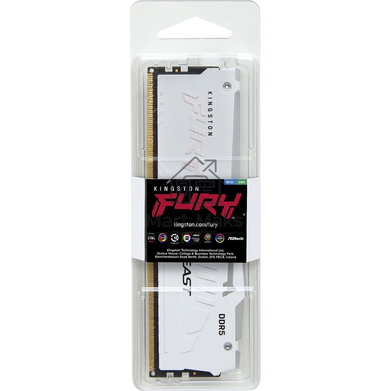 Оперативная память Kingston Fury Beast, DDR5, 16GB (1x16GB), 6000MHz, CL36, DIMM, с радиатором, RGB, белый