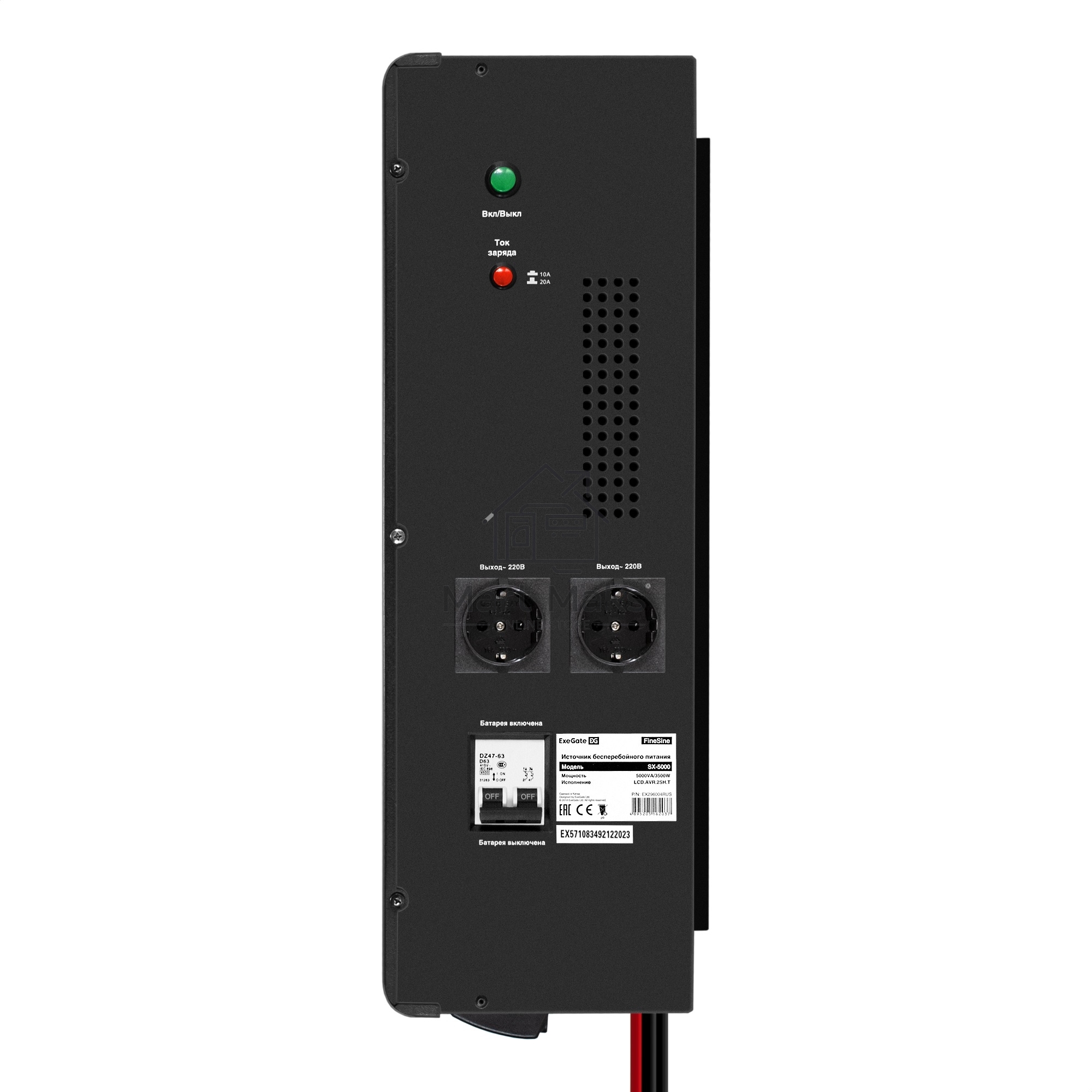 Комплект ИБП EX296004RUS + батарея 65Aч EX282980RUS 4шт (инвертор, синус, для котла, настенный) ExeGate FineSine SX-5000.LCD.AVR.2SH.T <5000VA/3500W, чистая синусоида, цветной LCD-дисплей, AVR, 2*Schuko+клеммы, линейно-интерактивный, крепление настенное, 