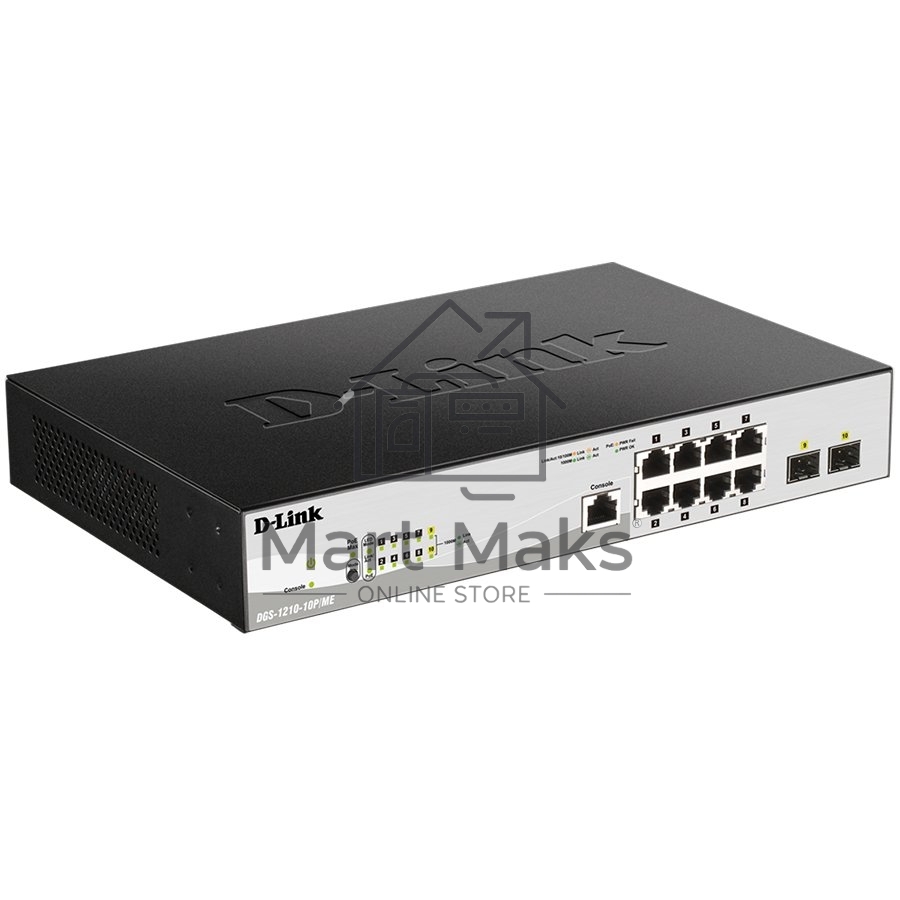Коммутатор D-Link DGS-1210-10P/ME/B1A Управляемый 2 уровня с 8 портами 10/100/1000Base-T с поддержкой PoE и 2 портами 1000Base-X SFP