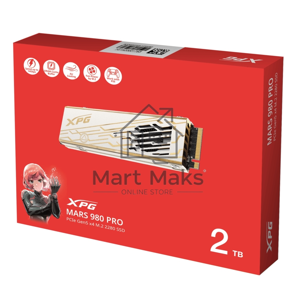 Накопитель SSD ADATA XPG MARS 980 PRO, 2000GB, M.2(22x80mm), NVMe, PCIe 5.0 x4, 3D NAND, R/W 14000/13000MB/s, IOPs 2 000 000/1 650 000, TBW 1480, DWPD 0.4, with Heat Sink (5 лет)