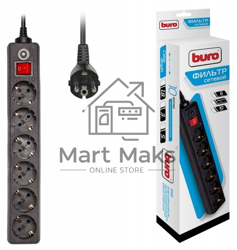 Сетевой фильтр BURO Сетевой фильтр, 6 розеток, 5 метра, (600SH-5-B), черный 992278