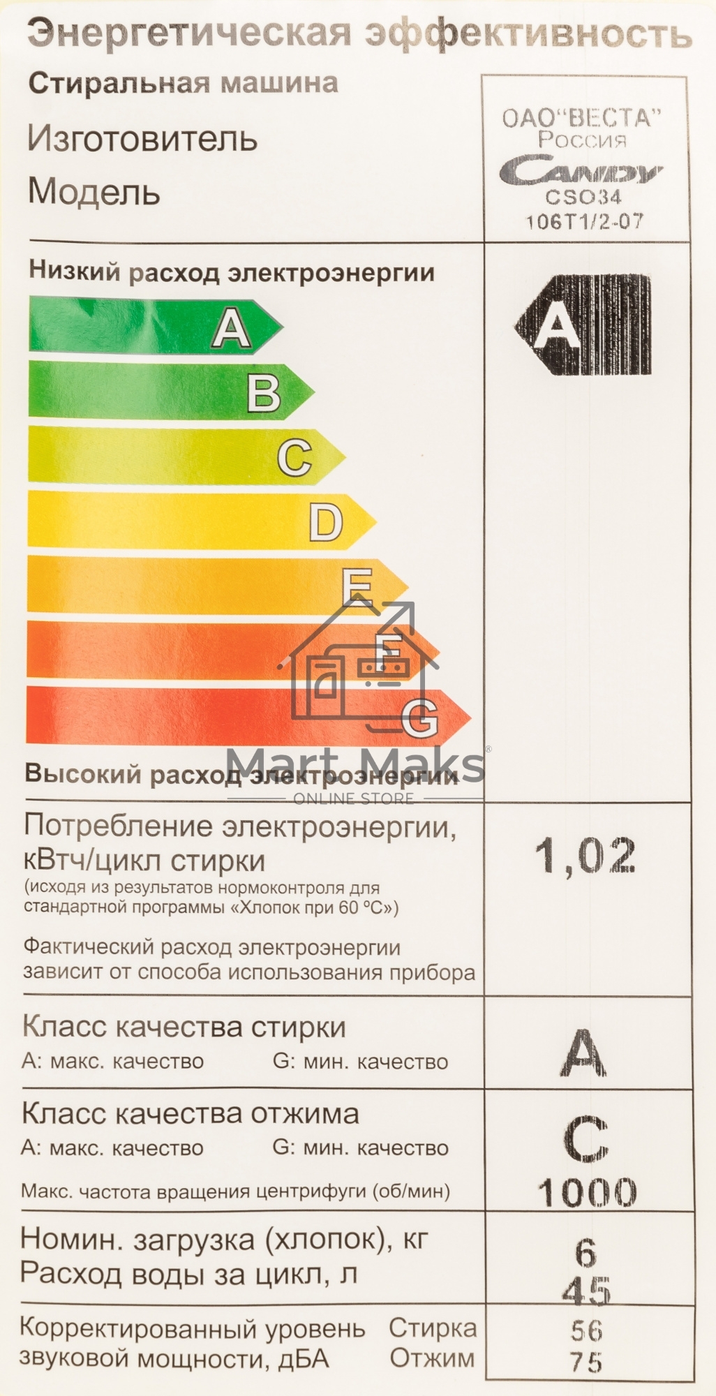 Стиральная машина Candy Smart Pro CSO34 106T1/2-07 белый, загрузка фронтальная 6 кг, 1000 об/мин., класс: А