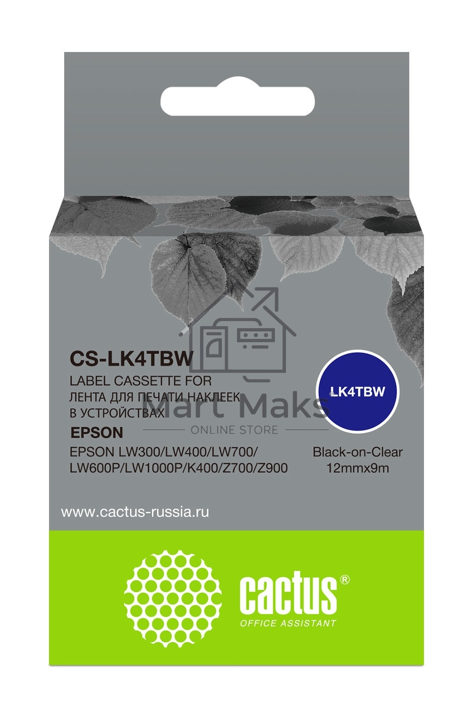 Картридж ленточный Cactus CS-LK4TBW черный шрифт, прозрачный фон (12 мм, 9 м) для Epson LW300/LW400/LW700/LW600P/LW1000P/K400/Z700/Z900