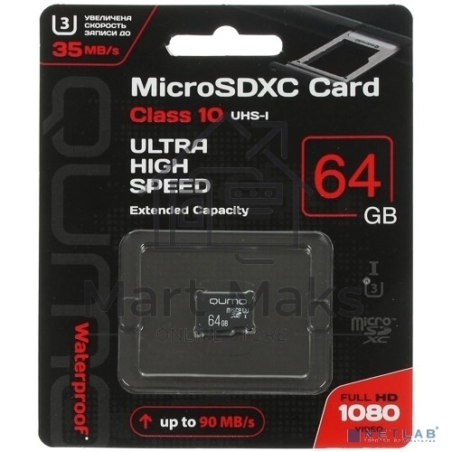Флеш карта QUMO MicroSDXC 64Gb 90/45 МБ/с UHS-I U3, 3.0 без адаптера SD, красная картонная упаковка (QM64GMICSDXC10U3NA)