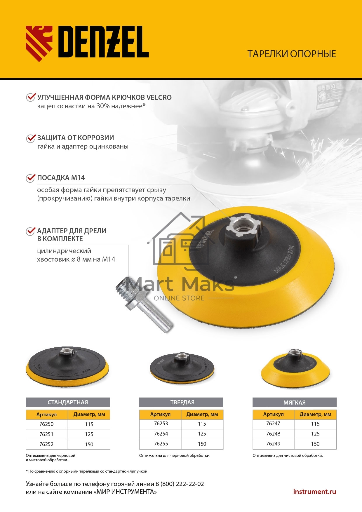 Тарелка опорная для дрели и УШМ с липучкой, 115 мм, твердая, с адаптером c М14 на d8 Denzel