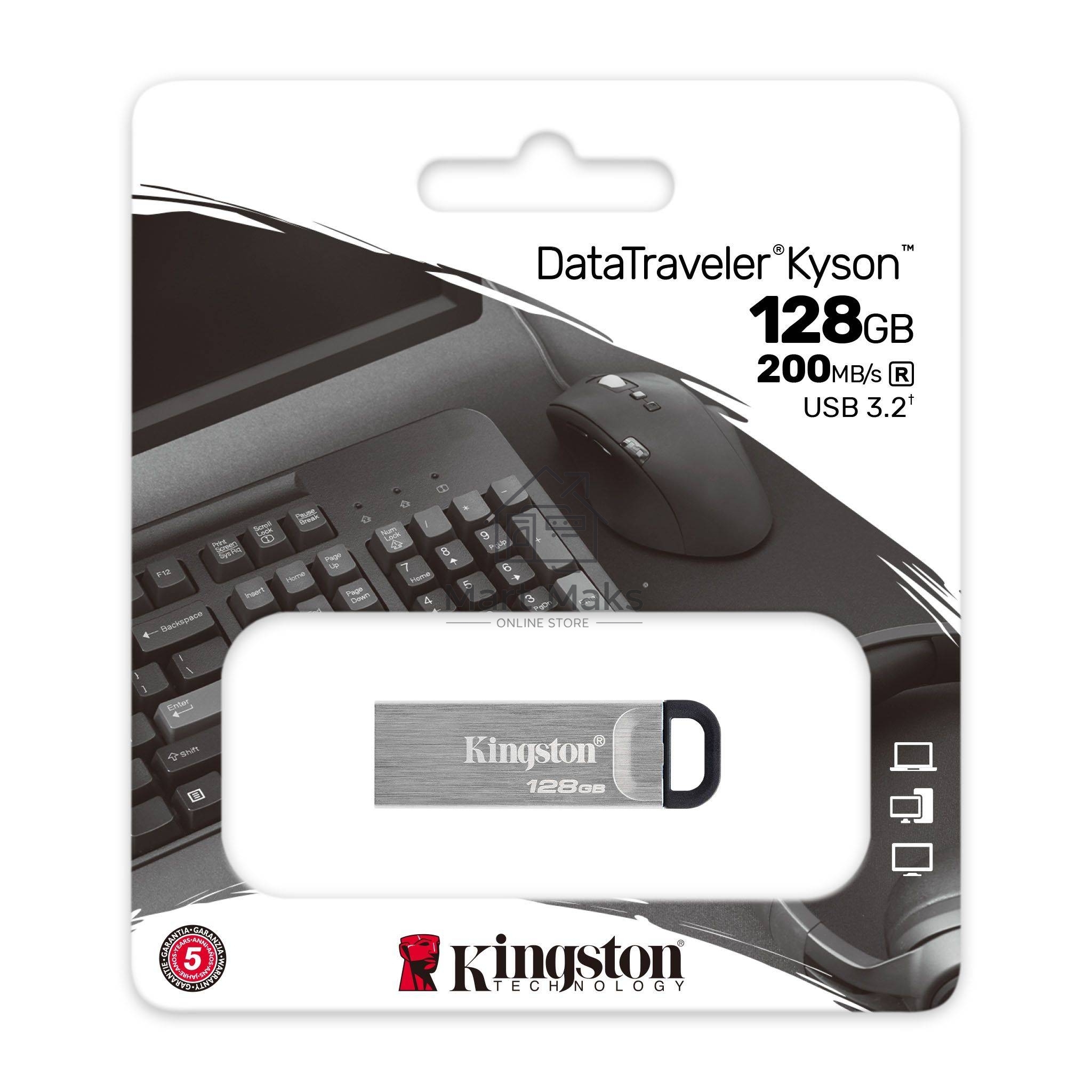 Флешка USB R/W R/W Kingston 128Gb DataTraveler KYSON <DTKN/128GB>, (USB 3.2, 200 МБ/с при чтении, 60 МБ/с при записи)