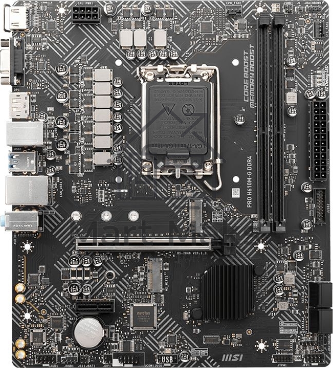 Материнская плата MSI PRO H610M-G, LGA 1700, Intel H610, 2xDDR5, 4xSATA, 1xM.2, 1xPCIe 4.0 x16, 1xPCIe 3.0 x1, 1xHDMI, 1xDP, 1xVGA, 1xRJ45 1Gb, 2xUSB-A 3.2 Gen 1, 4xUSB-A 2.0, 3x3.5мм, 7.1, mATX
