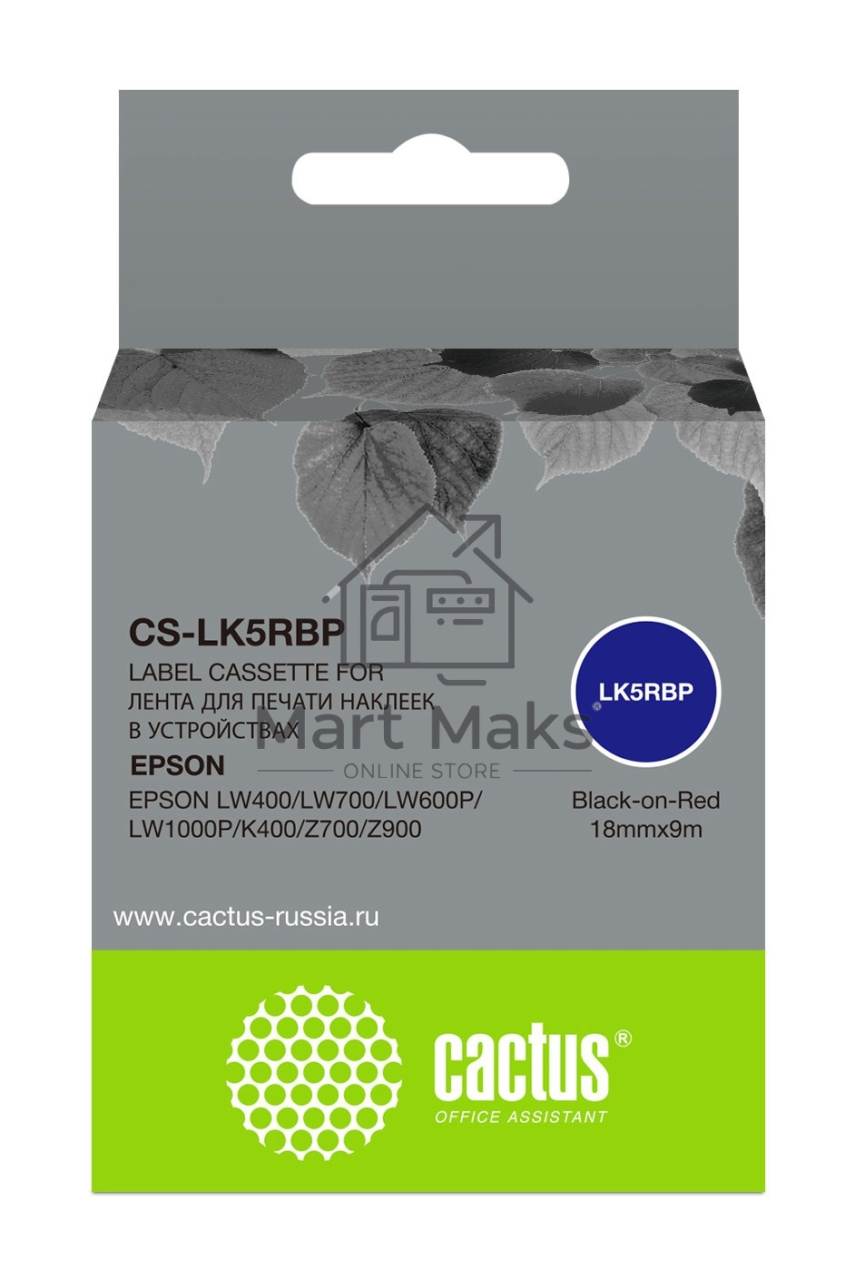 Картридж ленточный Cactus CS-LK5RBP черный шрифт, красный фон (18 мм, 9 м) для Epson LW400/LW700/LW600P/LW1000P/K400/Z700/Z900