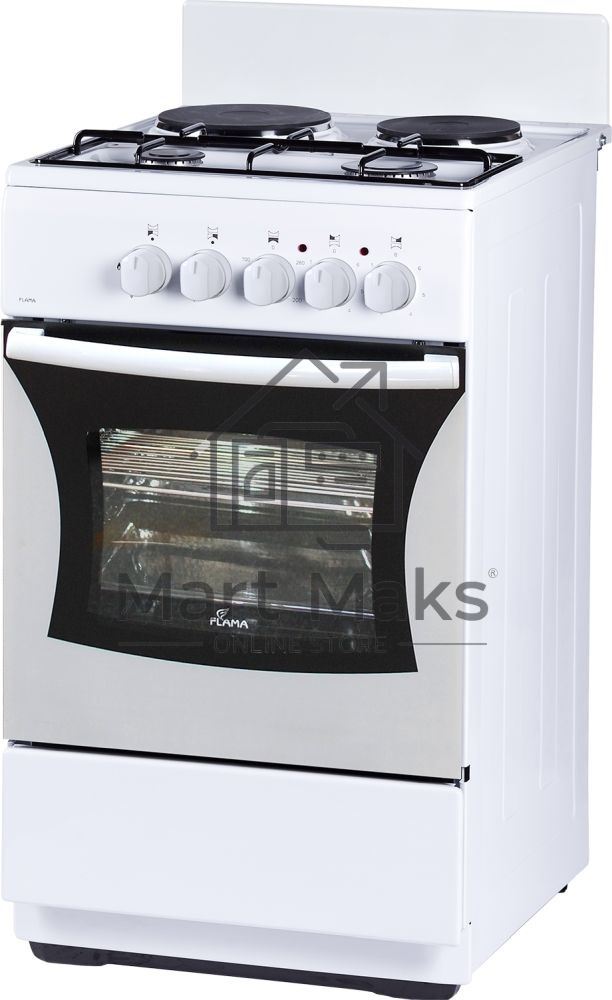 Плита комбинированная Flama RK 2201 W белый, конфорок 2 газовых и 2 электрических, духовка 50 л, 50 см x 85 см x 54 см