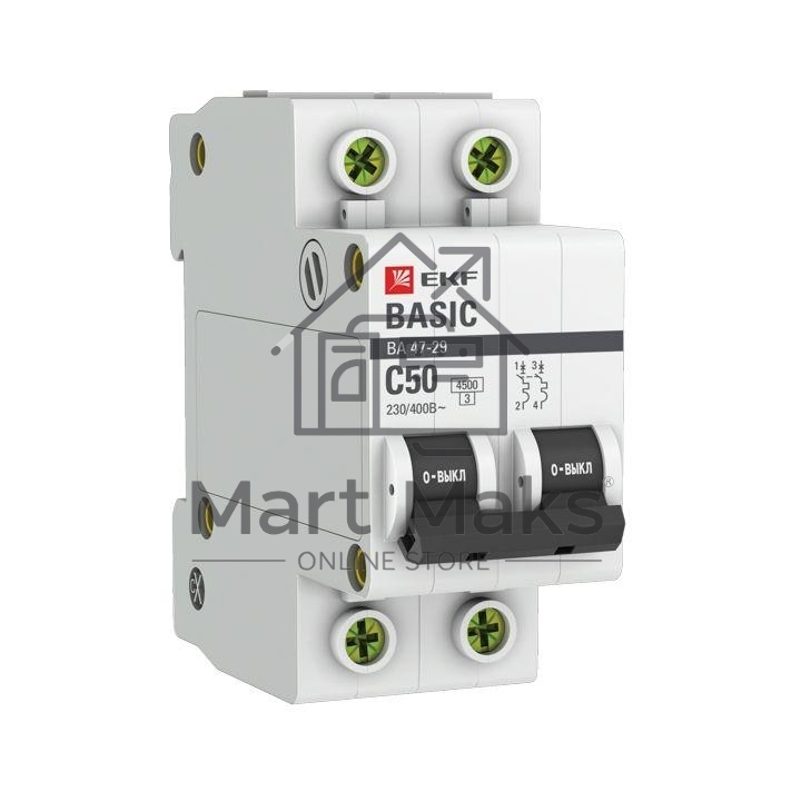Автоматический выключатель EKF mcb4729-2-50C 2P 50А (C) 4,5кА ВА 47-29 Basic