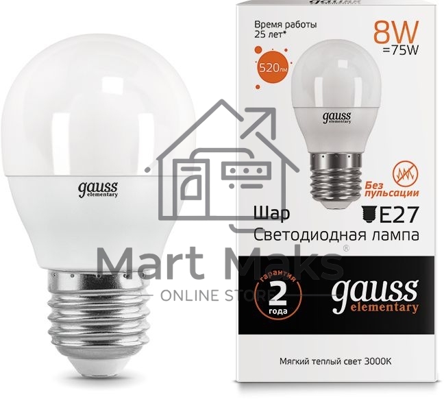 Светодиодная лампа LED GAUSS 53218 Elementary Шар 8W E27 520lm 3000K 1/10/100 0