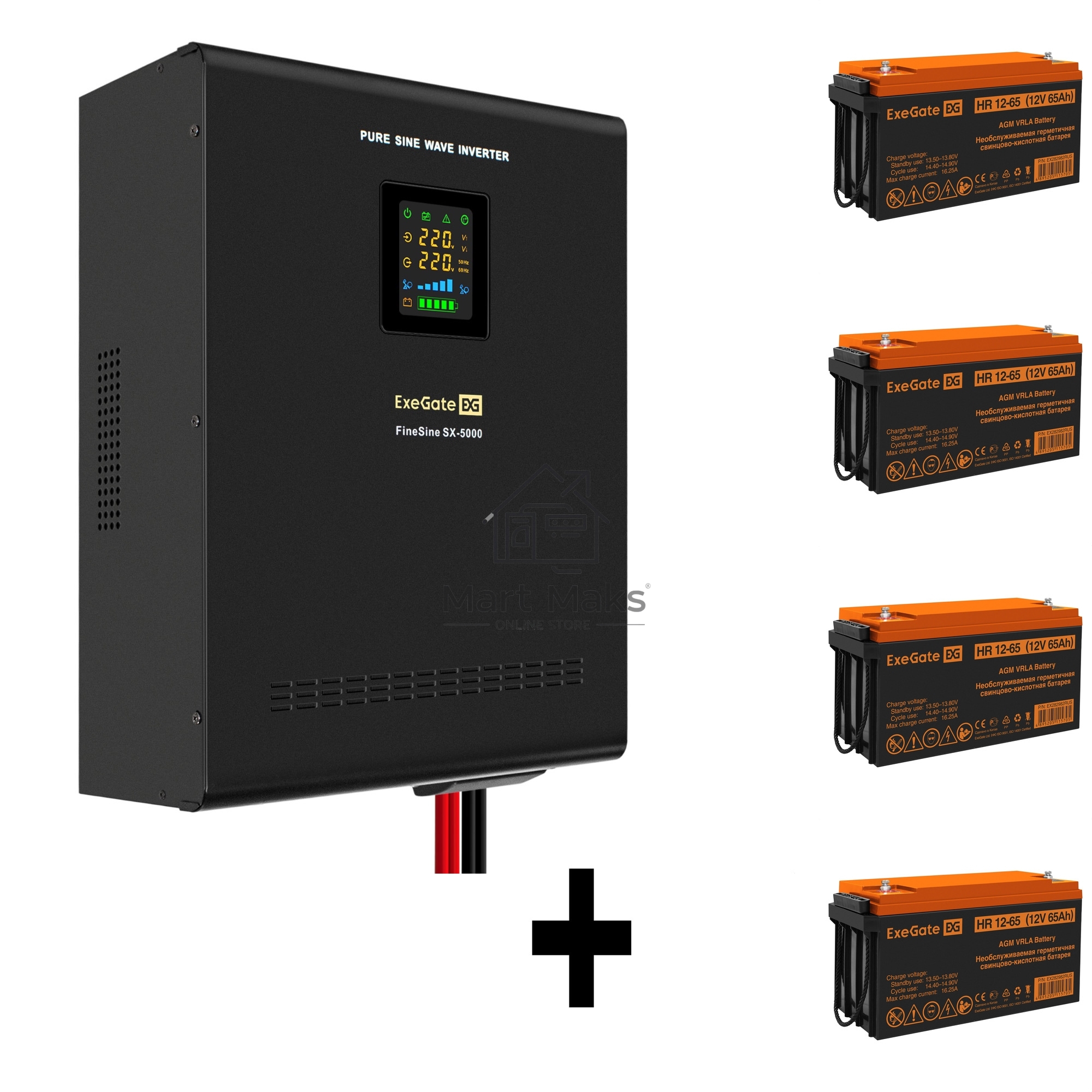 Комплект ИБП EX296004RUS + батарея 65Aч EX282982RUS 4шт (инвертор, синус, для котла, настенный) ExeGate FineSine SX-5000.LCD.AVR.2SH.T <5000VA/3500W, чистая синусоида, цветной LCD-дисплей, AVR, 2*Schuko+клеммы, линейно-интерактивный, крепление настенное, 