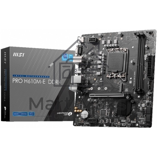 Материнская плата MSI PRO H610M-E DDR4, LGA 1700, Intel H610, 2xDDR4, 4xSATA, 1xM.2, 1xPCIe 4.0 x16, 1xPCIe 4.0 x1, 1xHDMI, 1xVGA, 1xRJ45 1Gb, 2xUSB-A 3.2 Gen 1, 4xUSB-A 2.0, 3x3.5мм, 7.1, mATX