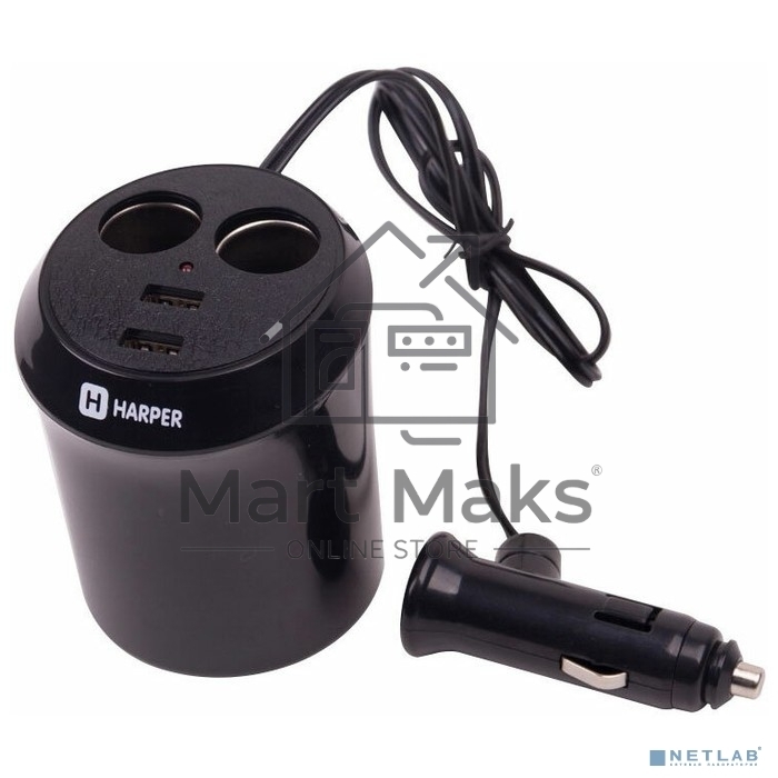 Разветвитель в прикуриватель Harper DP-186 (2 гнезда+2 USB, вход 12/24В, установка в подстаканник)