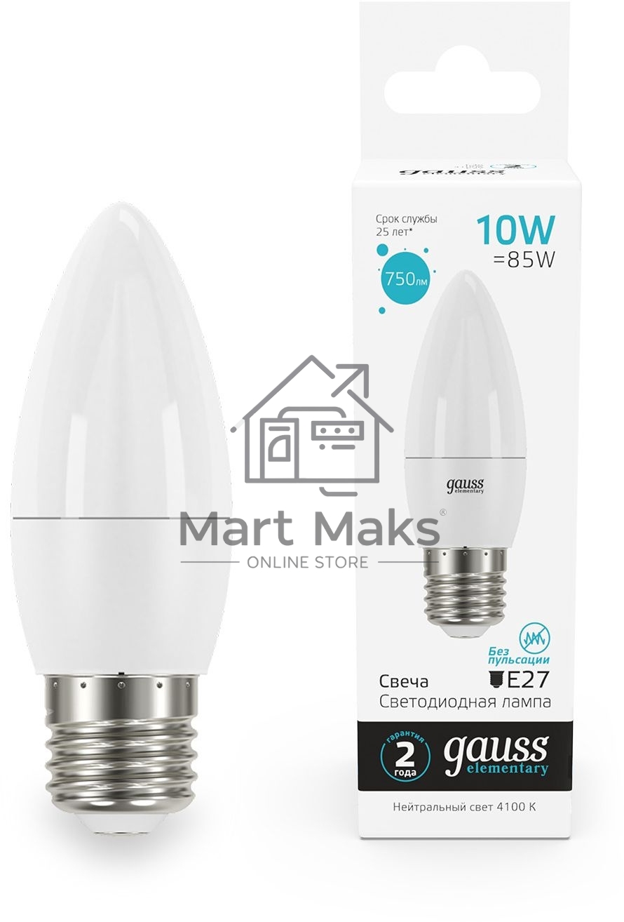 Лампа светодиодная Gauss Elementary 30220 10Вт цок.:E27 свеча 220B 4100K св.свеч.бел.ней. (упак.:10шт)