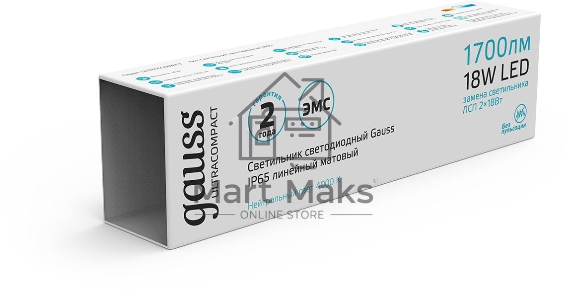 Светильник светодиодный Gauss IP65 590*40*30мм 18Вт 1300lm 4000К линейн. мат. 143424218 Gauss