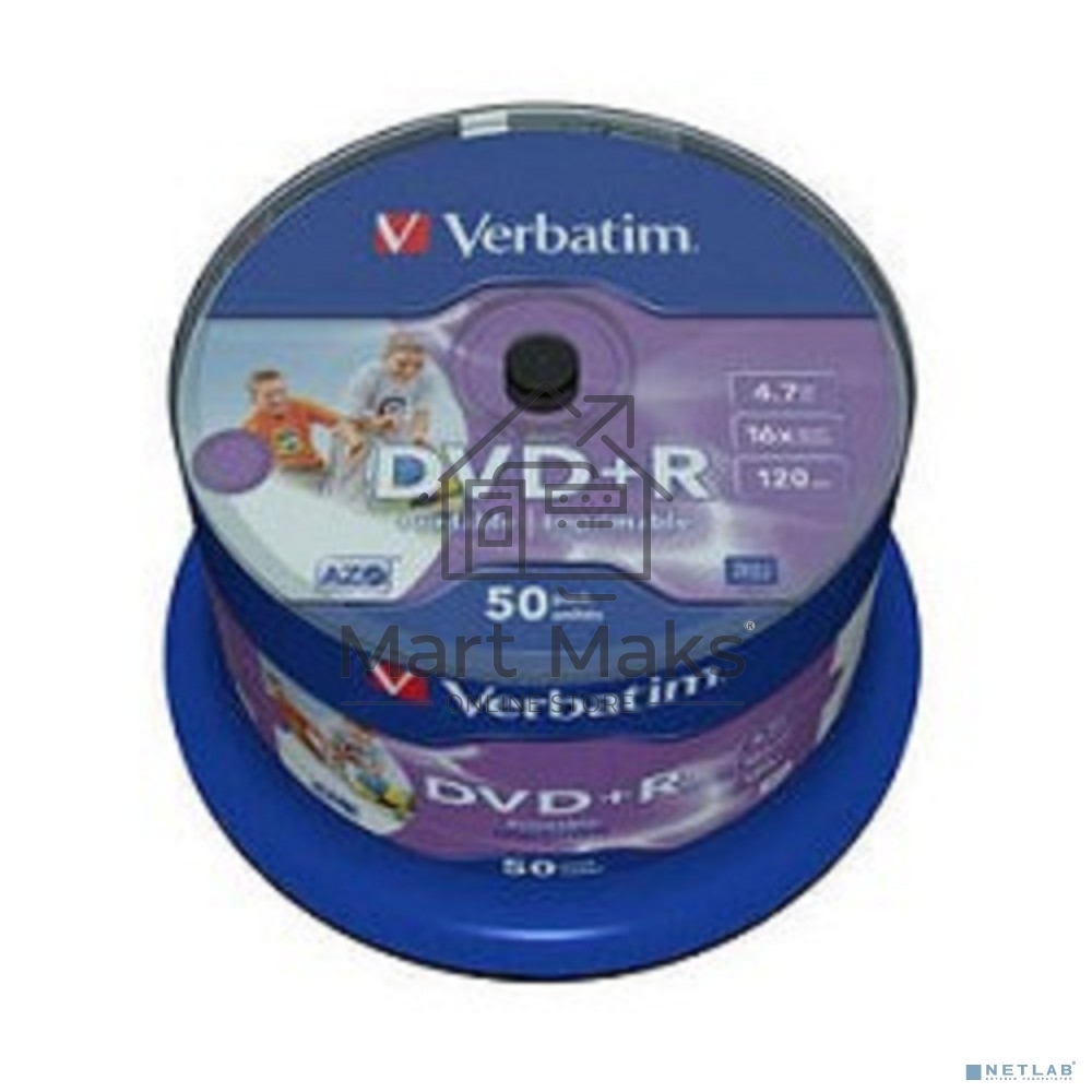 Диск DVD+R Verbatim 4.7Gb 16x Cake Box (50шт) Printable (43512)