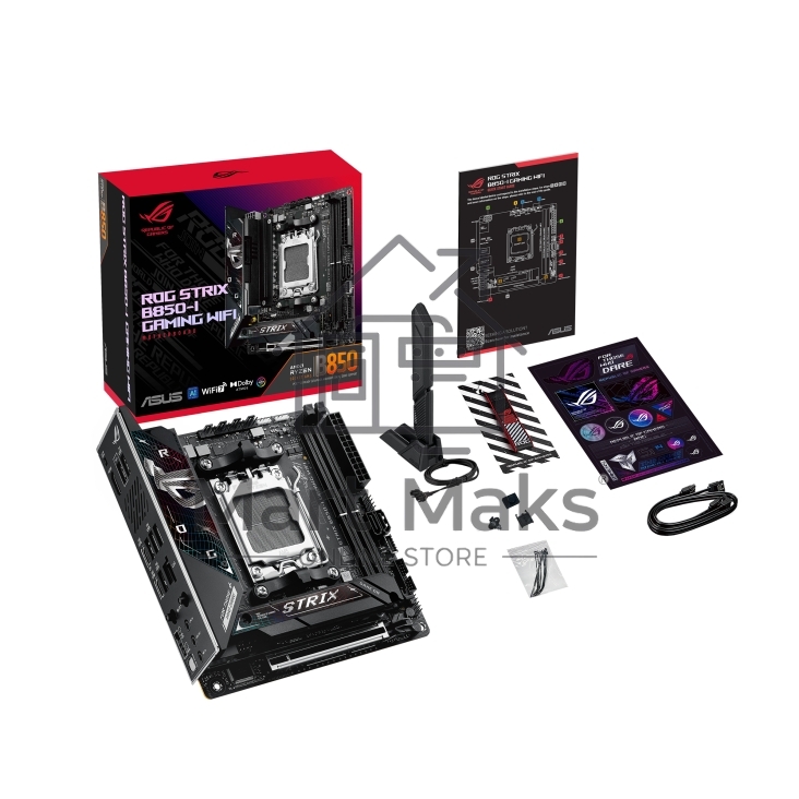 Материнская плата ASUS ROG STRIX B850-I GAMING WIFI, AM5, AMD B850, 2xDDR5, 2xM.2, 2xSATA, PCIe 4.0 x16, 1xHDMI, 1xUSB Type-C, 1x2.5Gb LAN, Wi-Fi 7, Bluetooth 5.4, 5xUSB-A 10Gbps, 1xUSB-C 20Gbps, 2xUSB-A 2.0, 3x3.5 мм, S/PDIF, 7.1, Mini-ITX