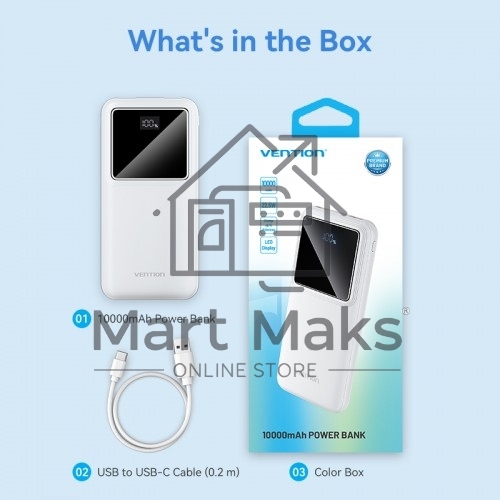 Портативный аккумулятор Vention 10000mAh(M/C-A/A)22.5W белый с LED Дисплеем