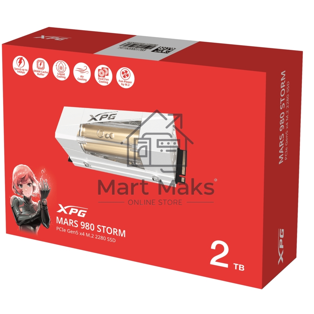 Твердотельный накопитель ADATA SSD XPG MARS 980 STORM, 2000GB, M.2(22x80mm), NVMe, PCIe 5.0 x4, 3D NAND, R/W 14000/13000MB/s, IOPs 2 000 000/1 650 000, TBW 1480, DWPD 0.4, with Heat Sink (5 лет)