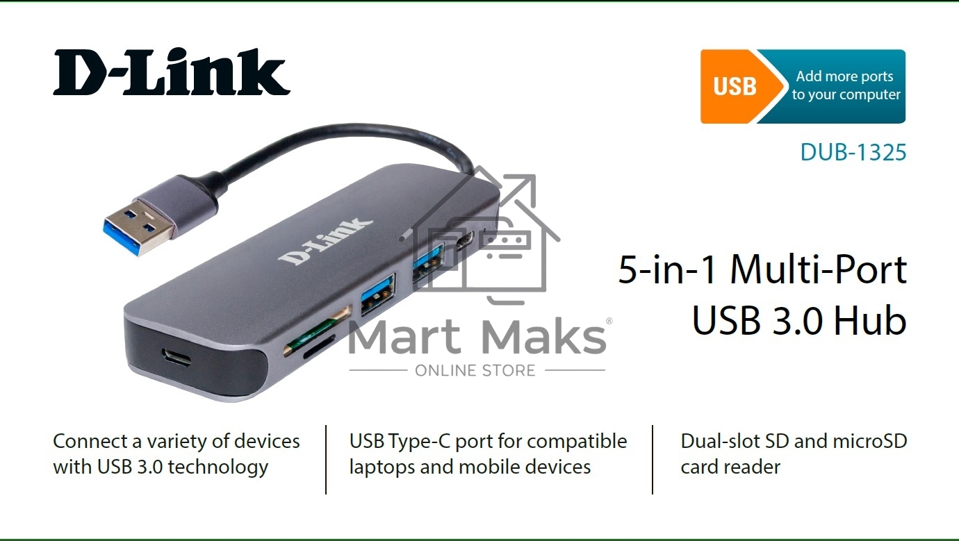 Концентратор D-Link DUB-1325/A2A с 2 портами USB 3.0, 1 портом USB Type-C, слотами для карт SD и microSD и разъемом USB 3.0