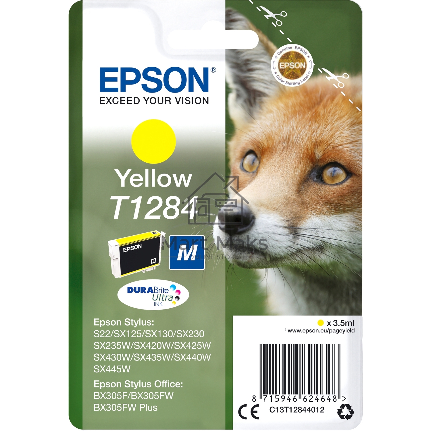 Картридж струйный EPSON T1284 (C13T12844012/C13T12844011) желтый для S22/SX125/SX425/BX305