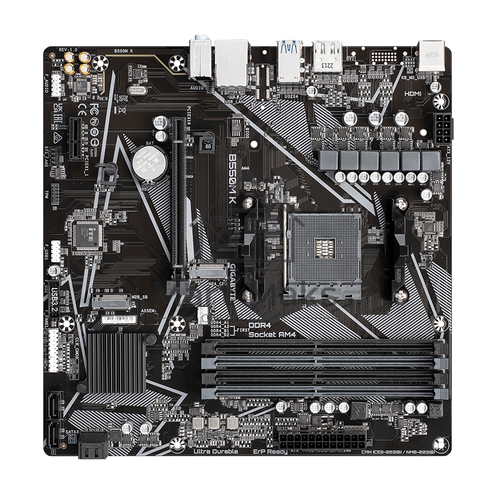 Материнская плата Gigabyte B550M K, AM4, AMD B550, 4xDDR4, 4xSATA, 2xM.2, 1xPCIe 4.0 x16, 1xPCIe x1, 1xHDMI, 1xDP, 1x 1Gb LAN, 4xUSB-A 3.2 Gen 1, 4xUSB-A 2.0, 3x3.5 мм, 7.1, mATX