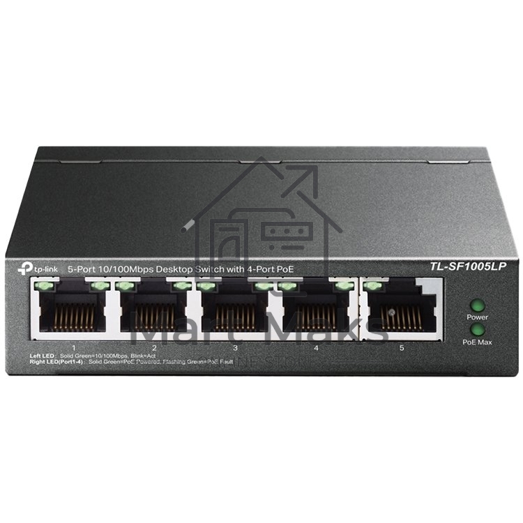 Коммутатор 5-Port 10/100Mbps Unmanaged Switch with 4-Port PoE, meta case, desktop mount, PoE budget 41W.