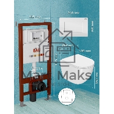 Комплект BAU 6 в 1: инсталляция BAU PRO, унитаз подвесной безободковый Bau Dream 49,5х36, сиденье дюропласт микролифт, клавиша BAU Stil, белый глянец