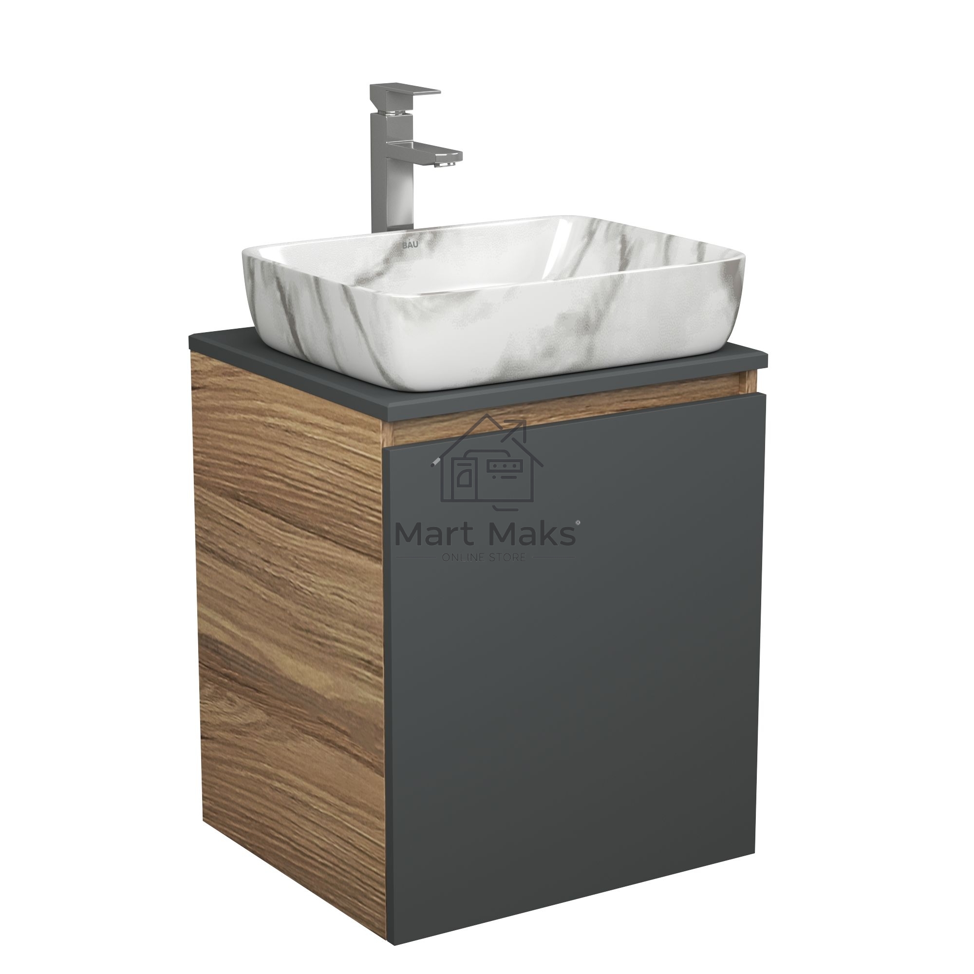 Тумба Bau Dream Blackwood 50 графит, раковина BAU Hotel 51х39, мрамор, смеситель для раковины высокий Hotel Still, нержавеющая сталь