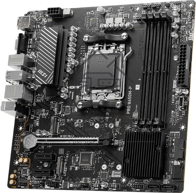 Материнская плата MSI PRO B650M-P, AM5, AMD B650, 4xDDR5, 4xSATA, 2xM.2, 1xPCI-E 4.0 x16, 2xPCI-E 4.0 x1, 1xHDMI, 1xDP, 1xVGA, 1x2.5Gb LAN, 2xUSB 3.2 Gen 1, 2xUSB 3.2 Gen 2, 3x3.5 мм, 7.1, Micro-ATX