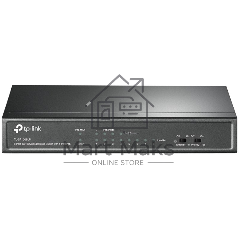 Коммутатор TP-Link 8-Port 10/100Mbps Unmanaged Switch with 4-Port PoE, metal case, desktop mount, PoE budget 41W.
